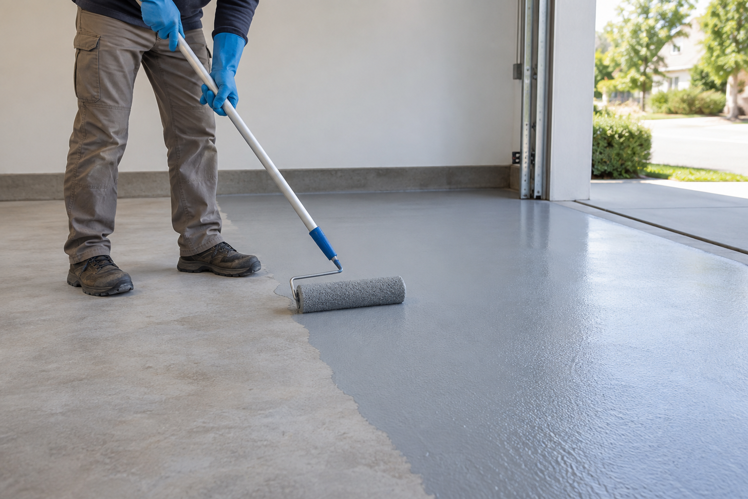 Application d&rsquo;un &eacute;poxy gris au rouleau sur un plancher de garage &mdash; illustration g&eacute;n&eacute;r&eacute;e par IA.